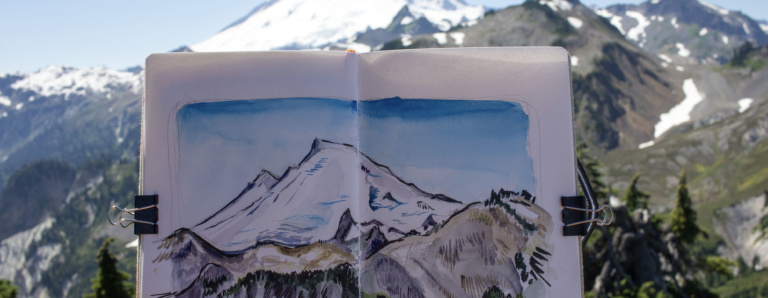 Hero image of sketchbook illustration of Mount Baker